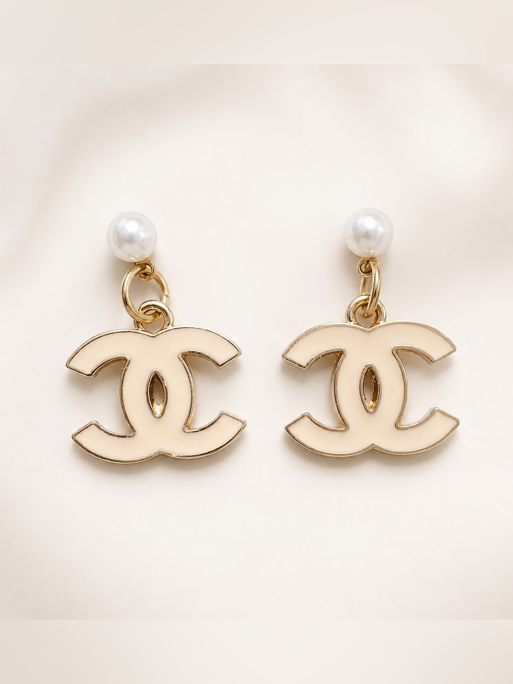 CHANEL Cream Enamel Double C Drop Earrings with Pearl Tops